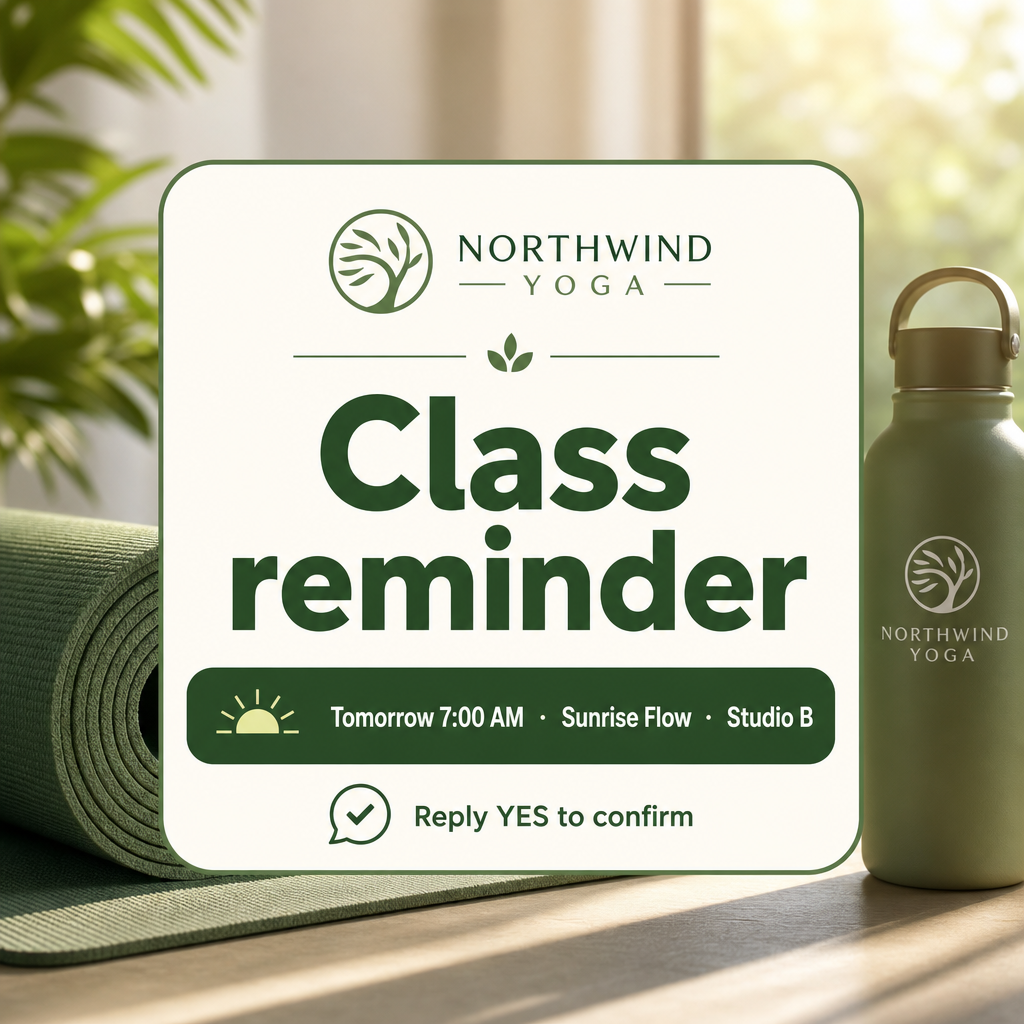 Northwind Yoga WhatsApp class reminder card